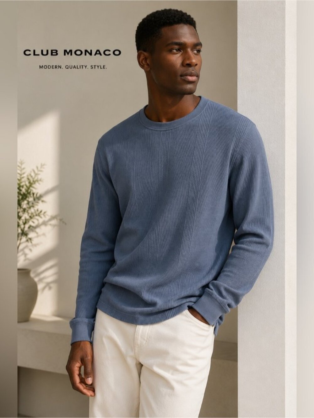 Club Monaco Waffle Knit Long Sleeve Crewneck Shirt Blue Gray XXL